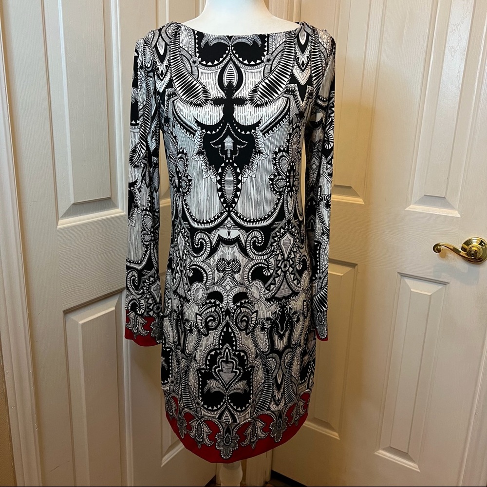 NWT Nicole by Nicole Miller Womens Black White Paisley Long Sleeve Dress Small